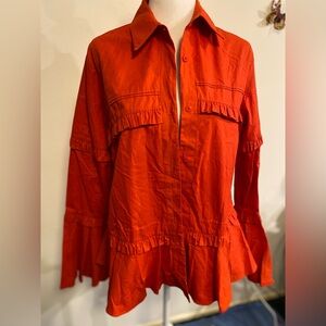 Preen Line cotton red button down shirt with ruffle, wide sleeves size M